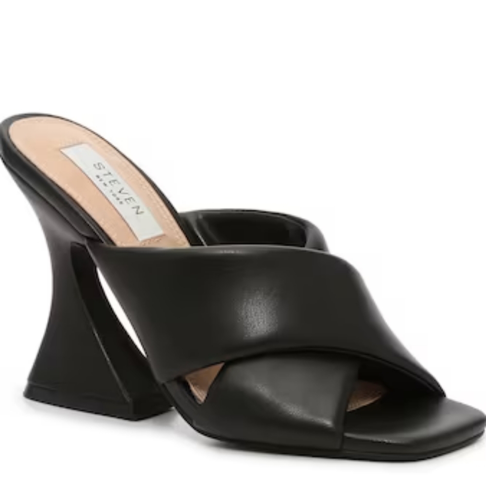 Steven New York Women's Black Leather Open Toe Baga Heel Sandal Size 7.5